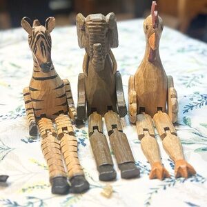 Vintage Folk Art shelf Sitters Chicken Elephant Zebra Wooden